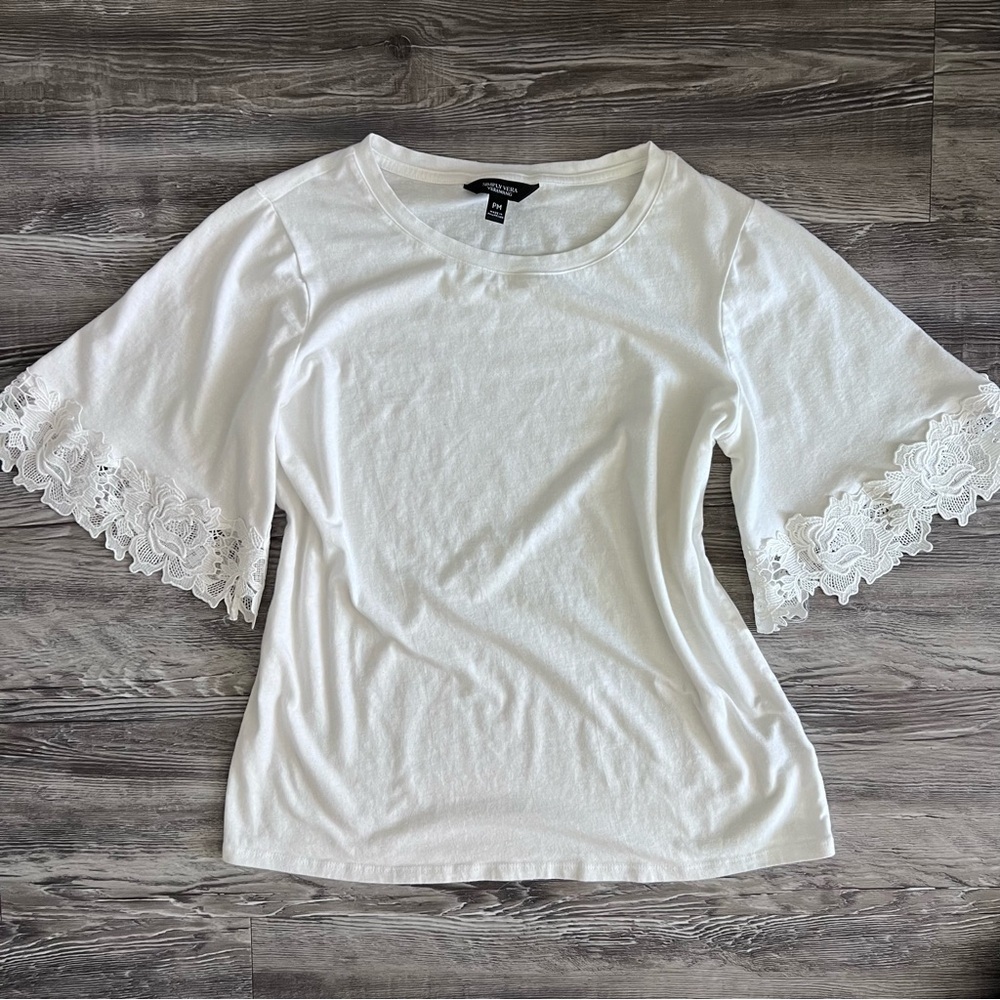 Vera Wang Petite White Bell Sleeve Lace Trim Shirt